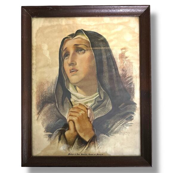 Vintage 30’s Eli J Allman Mary Religious Art Lithograph Catholic Framed Print - Picture 7 of 7